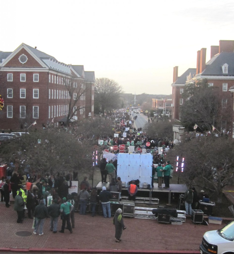 Looking west from the State House steps, thousands fill Lawyer's Mall, Bladen Street and Rowe Boulevard for the "Keep the Promise" rally against pension changes in 2011.