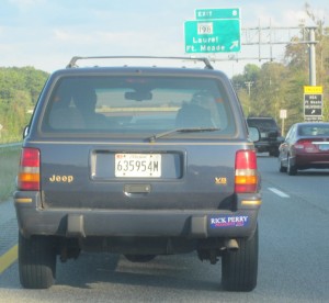 Rick Perry bumper sticker Sign of the times: The first sighted bumper sticker for Texas Gov. Rick Perry.