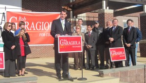 Rob Garagiola announces Sen. Rob Garagiola announces for Congress, with his family to the left and elected officials to the right.