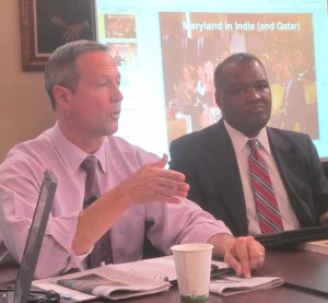 O'Malley Rushern Baker India Gov. Martin O'Malley and Prince George's County Executive Rushern Baker brief reporters on India trip.
