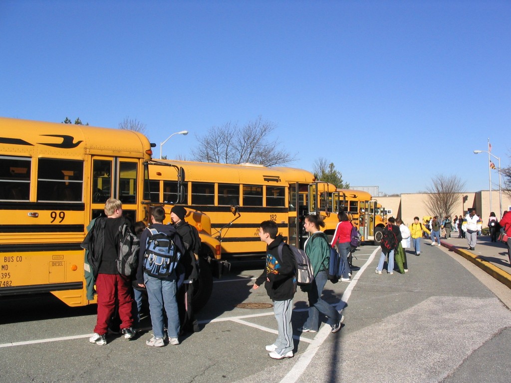 Students wait to board school buses.
