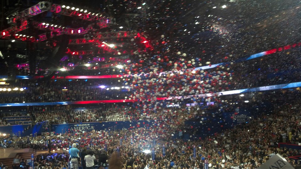 Balloons drop after Romney speech at Republican national convention. 