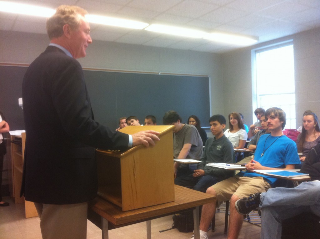 Rep. Chris Van Hollen talks to a political science class at Hood College in Frederick.