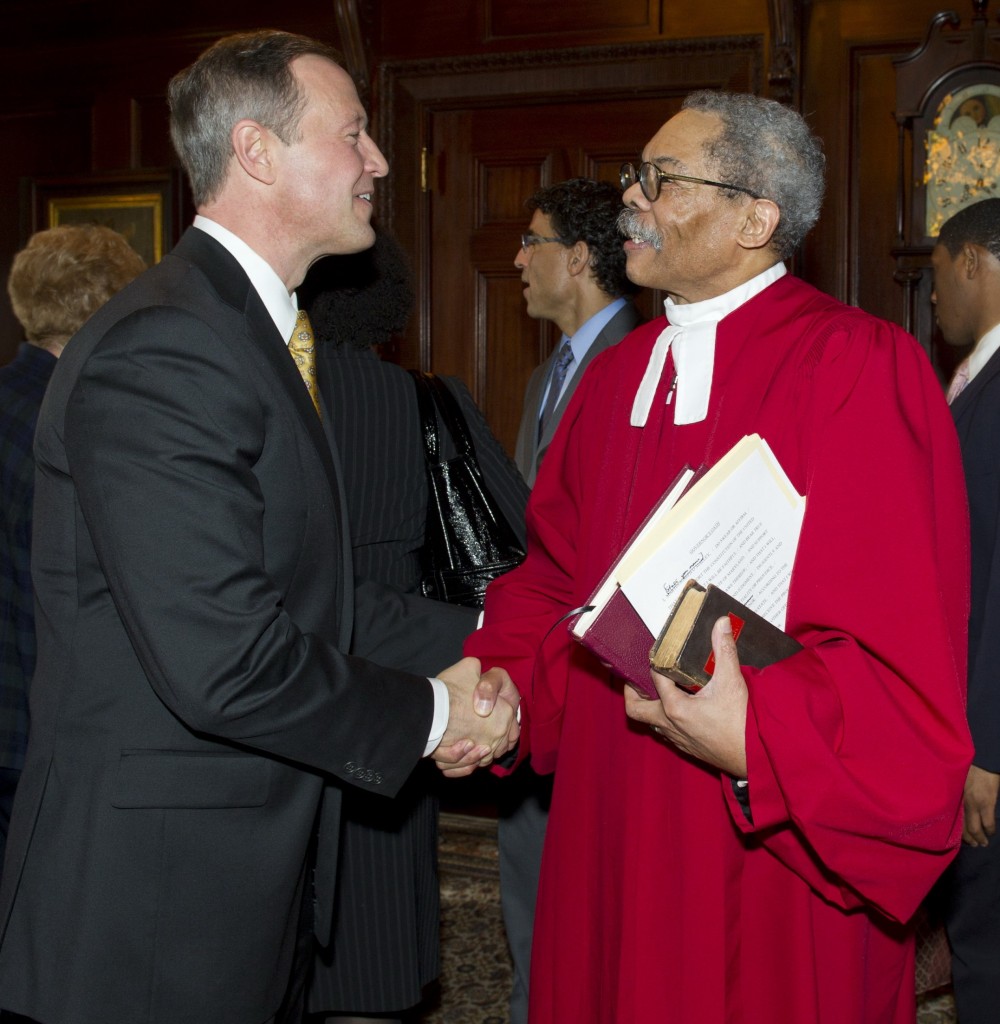 Chief Judge Robert Bell greets Gov. Martin O'Malley after swearing him in Jan. 19, 2011.