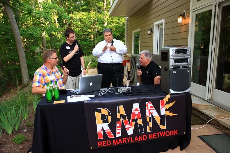 Larry Hogan, far right, talks to Red Maryland podcast. From left, Mark Newgent, Greg Kline and Brian Giffiths.