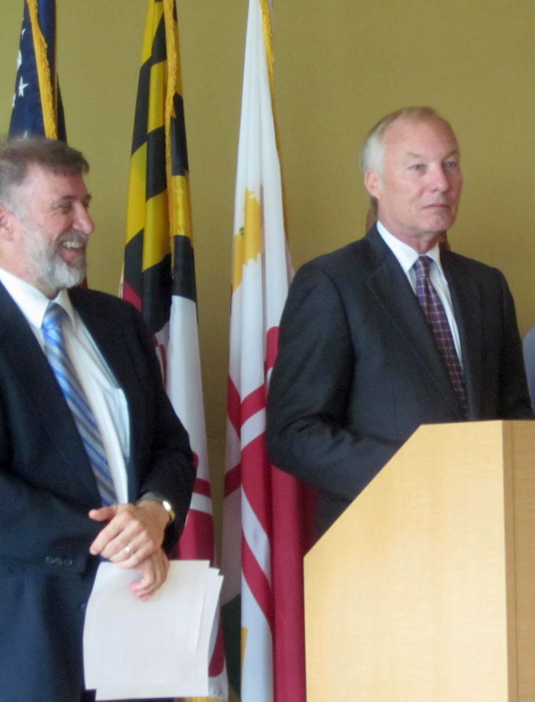 Comptroller Peter Franchot, right, announces small business outreach for health care at Howard Community College, with Vincent DeMarco, president of the Maryland Health Care for All Coalition.