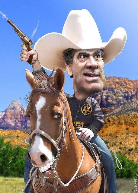 Rick Perry with a hat and a gun on a horse