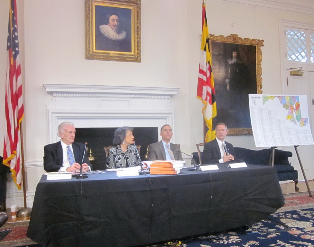 At Wednesday's budget rollout, from right, Gov. Martin O'Malley, Lt. Gov. Anthony Brown, Budget Secretary Eloise Foster, Chief of Staff John Griffin. 