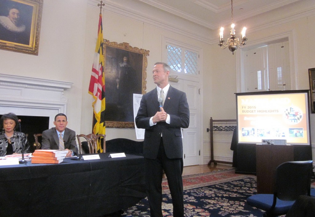 Gov. Martin O'Malley was smiling as he presented the last of his eight budgets, with Budget Secretary Eloise Foster and Lt. Gov. Anthony Brown.