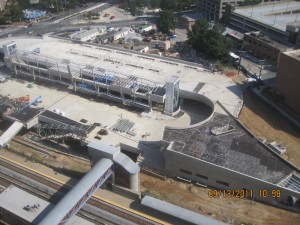 View of Silver Spring Transit Center from above, with walkway to Metro station at bottom left. 