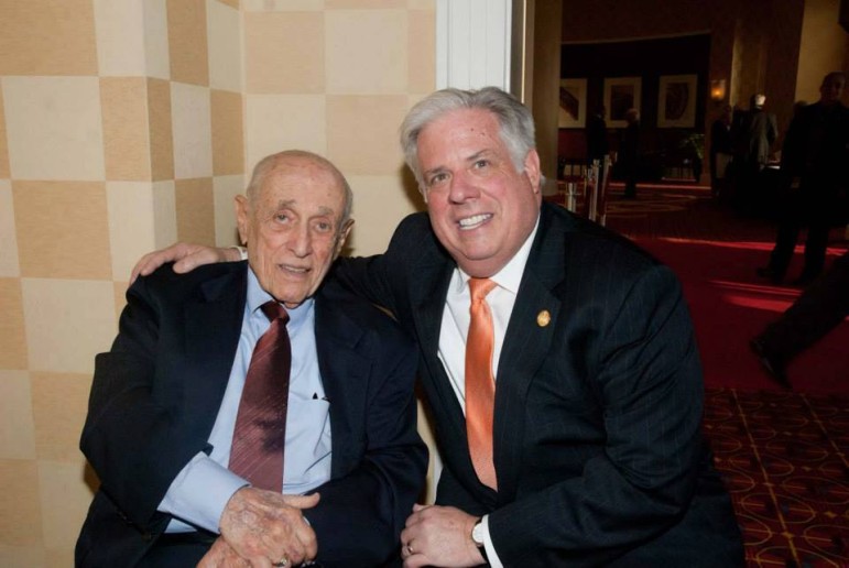 Former Gov. Marvin Mandel at his 95th birthday celebration in Mary with Gov. Larry Hogan.