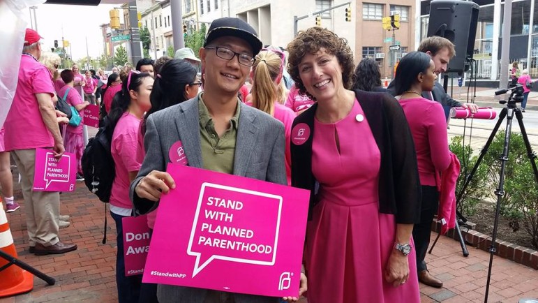 Dels. David Moon, Montgomery, and Shelly Hettleman, Baltimore County, were among the Democratic legislators supporting Planned Parenthood at a Baltimore rally Tuesday. Photo from Moon's Facebook page. 