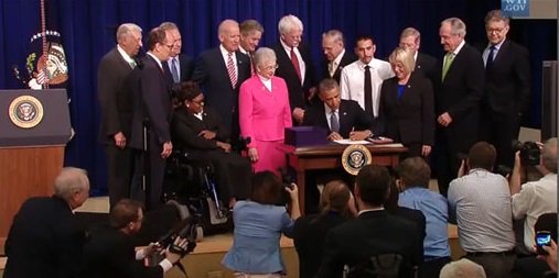 President Obama sign with Marylanders Steny Hoyer, the House minority whip, and Tom Perez, the labor secretary at the far left. From the WIOA website