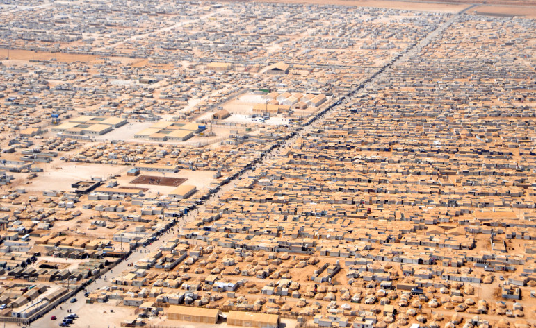 Zaatari camp in Jordan for Syrian refugees. Estimated populations in March, 83,000. Photo from Wikipedia