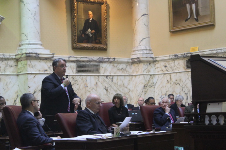 Sen. Richard Madaleno argues on the Senate floor for an override of the governor's veto on an Internet hotel tax. Capital News Service Photo by Josh Magness.