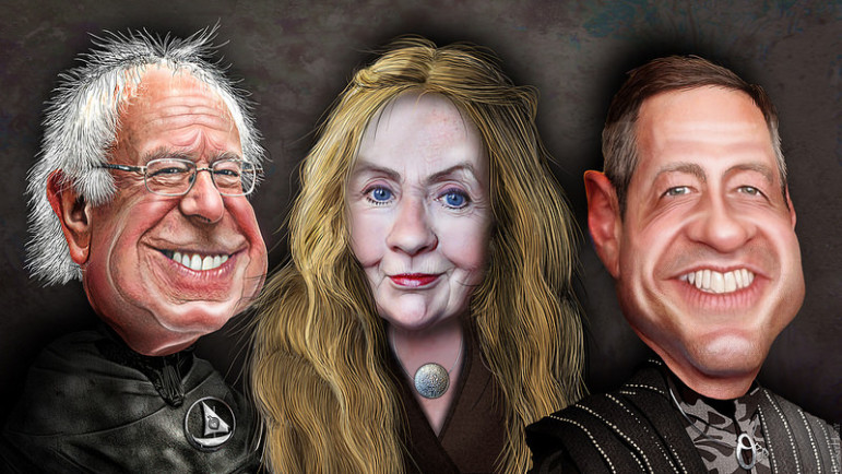 Democrats for President as Game of Thrones: Bernie Sanders, Hillary Clinton, Martin O'Malley. By DonkeyHotey with Flickr Creative Commons License