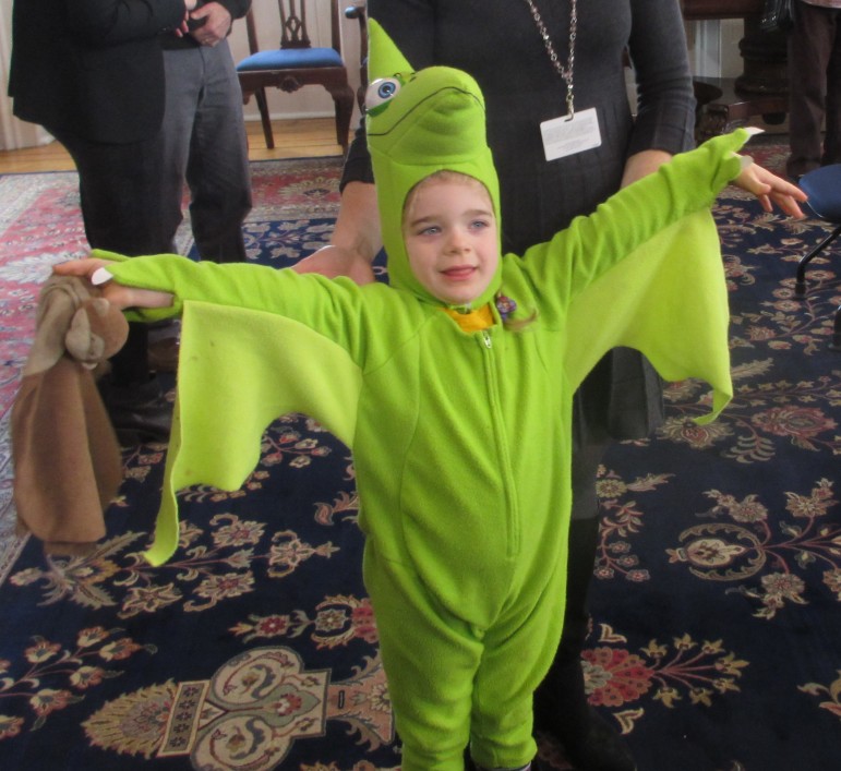 Alyssa Bevan Dangel in costume as a broken-winged pterodactyl, as one federal judge described the shape of the gerrymandered 3rd Congressional District. 