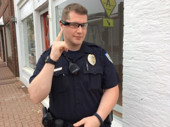 Police body camera shown on Main Street of Laurel. Photo by City of Laurel. 