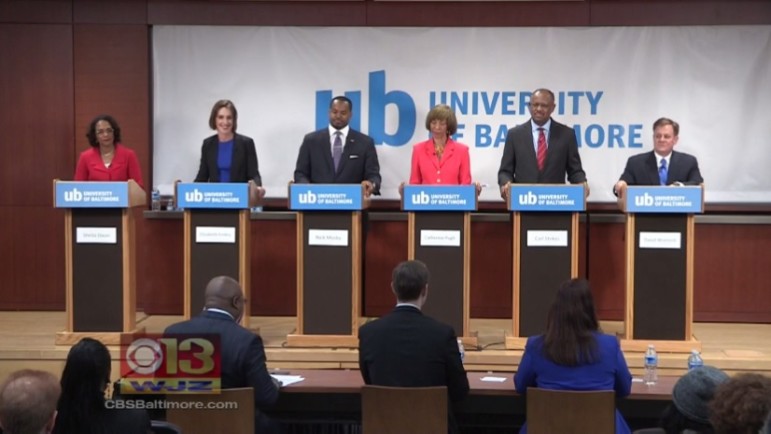 The WJZ mayoral debate broadcast Tuesday night. The candidates, from left: Sheila Dixon, Elizabeth Embry, Nick Mosby, Catherine Pugh, Carl Stoke, and David Warnock. 