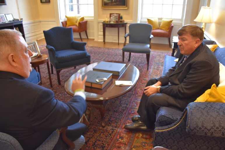 Gov. Larry Hogan, left, interviewed in his State House office by MarylandReporter.coms Len Lazarick. Photo by Rachel Bluth, Capital News Service