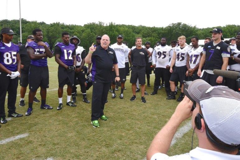 Gov. Larry Hogan gave a pep talk at the Baltimore Ravens training camp, captured on video for his Facebook page. 