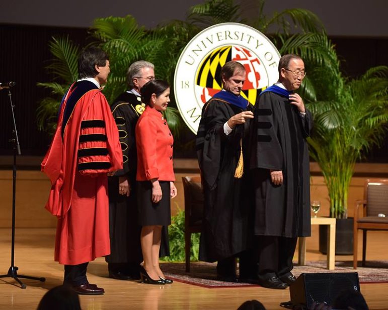 Departing U.N. Secretary General Ban Ki Moon on Friday received an honorary doctorate from the University of Maryland. From left, UMCP President Wallace Loh, System Chancellor Bob Caret 