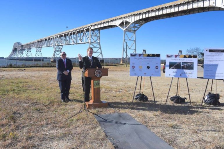 Transportation Secretary Pete Rahn and Gov. Larry Hogan anncounce plans to replace the Harry Nice Bridge behind them. Governor's Office Photo. 