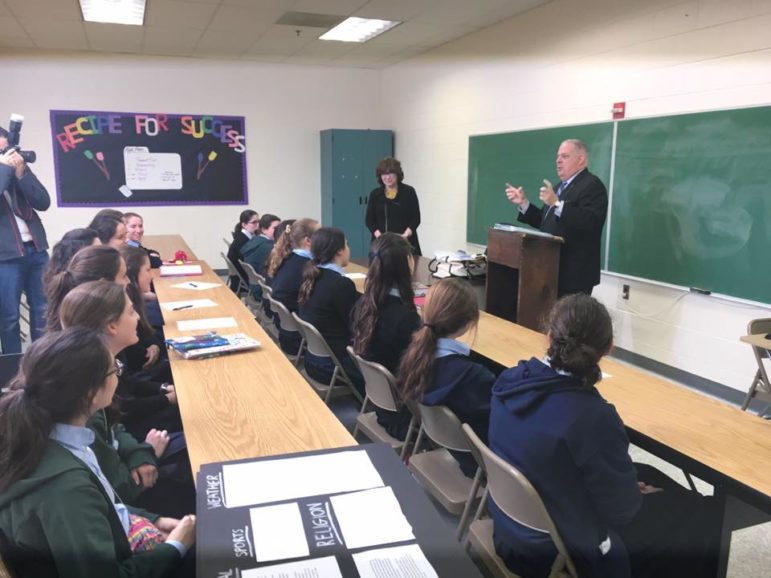 Gov. Larry Hogan talks to Bais Yaakov students where he made the BOOST announcement. Governor's Office photo