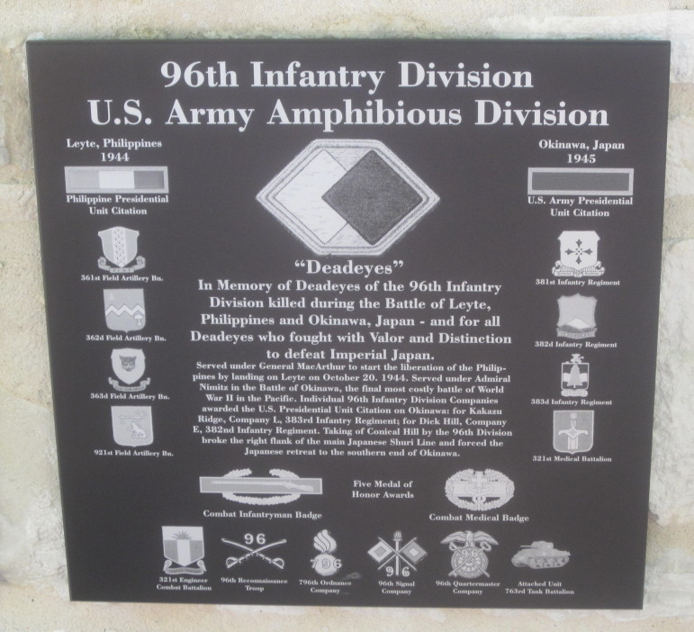 96th Infantry Division plaque in the courtyard of the National Museum of the Pacific War.