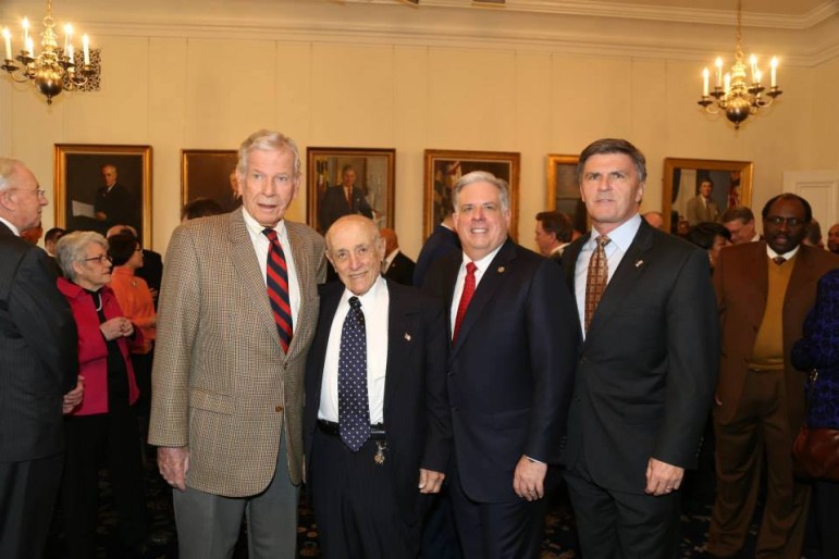 On Larry Hogan inauguration Day Jan. 22, he posed with former governors. From left, Harry Hughes, Marvin Mandel, Hogan and Bob Ehrlich. Photo by Governor's Office.