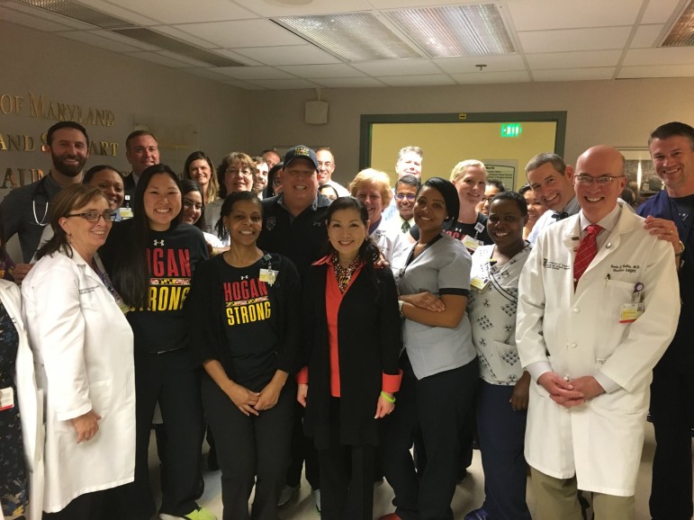From Larry Hogan's Facebook page: "Today I finished my final round of chemotherapy. Over the last four months, I've undergone 30 days of 24-hour chemo, plus 3 surgeries, 4 spinal taps, and countless scans. I would like to thank the entire team at the University of MD Medical Center Greenebaum Cancer Center for their incredible dedication and the amazing work they do to save lives every day. They have kept me ?#?HoganStrong? and I couldn't be more grateful for their expertise and support!" 