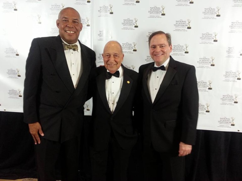 Lou Davis, center, of Maryland Public Television was given the Gold Circle Award at the local Emmys honoring his long broadcasting career. Joined by his MPT colleagues Charles Robinson, left, and Jeff Salkin. Photo from Charles Robinson's Facebook page.