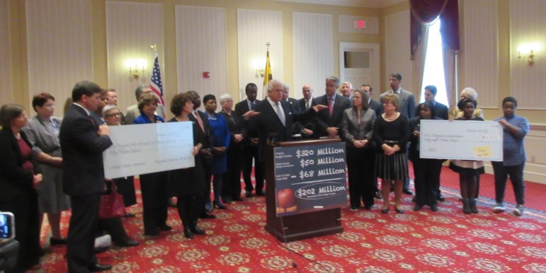Senate President Mike Miller and other senators and delegates press Gov. Hogan to release school aid. 