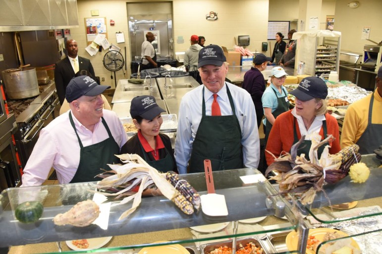 Gov. Larry Hogan, wife Yumi, Comptroller Peter Franchot and wife Anne Maher dished out the midday meal at Our Daily Bread in Baltimore. The steroids Hogan was taking during his chemotherapy helped him gain 20 pounds, so Yumi has put the governor on a diet, he told Maryland Reporter on Monday. That will be hard to maintain during all the holiday receptions at Government House, he said, but it doesn't apply to Thanksgiving Day. 