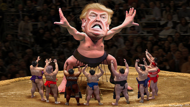 Donald Trump as a sumo wrestler in GOP debate. By DonkeyHotey with Flickr Creatives Commons License