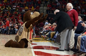 UMd Terrapins mascot Testudo the turtle bows to Gov. Hogan and Senate Prez Mike Miller. Photo by Greg Fiume of Maryland Athletics