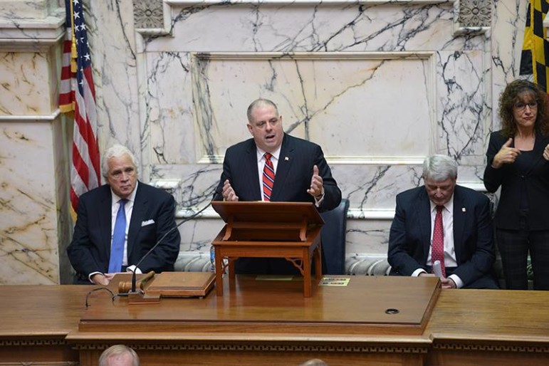 Gov. Larry Hogan gives State of the State address as Senate President Mike Miller, left, and House Speaker Michael Busch listen. 