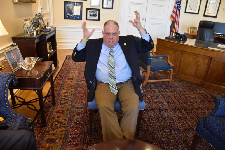 Gov. Larry Hogan in an April 8 interview in his office. Photo by Rachel Bluth, CNS, for MarylandReporter.com.