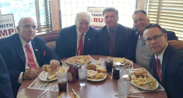 Donald Trump has lunch at the Boulevard Diner in Dundalk after his National Guard Assocation speech Monday along with, from left, former New York City Mayor Rudy Giuliani, Trump, former Gov. Bob Ehrlich, Sen. Johnny Ray Salling and Rev. Stacey Shiflett. From Salling's Facebook page. 
