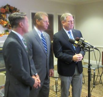 Speaking to reporters at the opiod summit in Clarksville Tuesday were from left, Harford County Executive Barry Glassman, Anne Arundel County Executive Steve Schuh and Howard County Executive Allan Kittleman. MarylandReporter.com photo. 