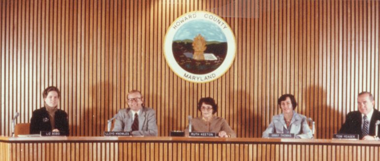 The Howard County Council in 1978. From left, Elizabeth Bobo, appointed in 1977, elected county executive in 1986, lost reelection bid in 1990, elected to the House of Delegates in 1994, retired in 2014; Lloyd Knowles, elected in 1974, lost a reelection bid by district to Ruth Keeton in 1986; Ruth Keeton, elected in 1974, resigned from the council in 1989 due to her worsening Alzheimer's disease; Ginny Thomas, elected in 1974, elected to the House of Delegates in 1982, lost election for state Senate in 1994; and Thomas Yeager, elected in 1974, elected state senator in 1982, defeated for reelection in the Democratic primary by Ginny Thomas in 1994. Photo by Howard County government. Courtesy of Columbia Archives
