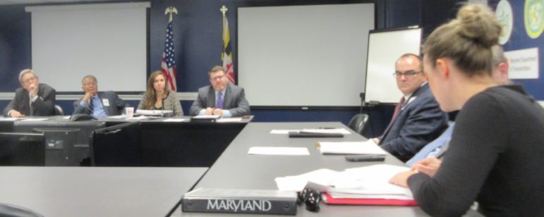 Redistricting Reform Commission meets Nov. 4. From left, commission co-chairs Wlter Olson,, Alexander Williams; governor's staff Ali Keane, legislative officer Matthew Palmer; Christopher Summers; Michael Goff (hidden); Ashley Oleson. MarylandReporter.com photo. 