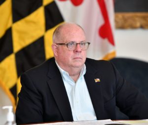 Gov. Larry Hogan is receiving accolades for his decision to send "strike teams" to assist nursing homes with COVID-19 patients. Maryland is the first state in the nation to do so. Hogan is shown on Sunday during a video conference call with the White House Coronavirus Task Force. (Executive Office of the Governor)
