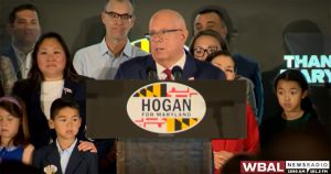 Larry Hogan concedes the U.S. Senate race on Tuesday night, acknowledging Angela Alsobrooks' history making victory as Maryland's first Black woman Senator. Screenshot taken from WBAL broadcast. 